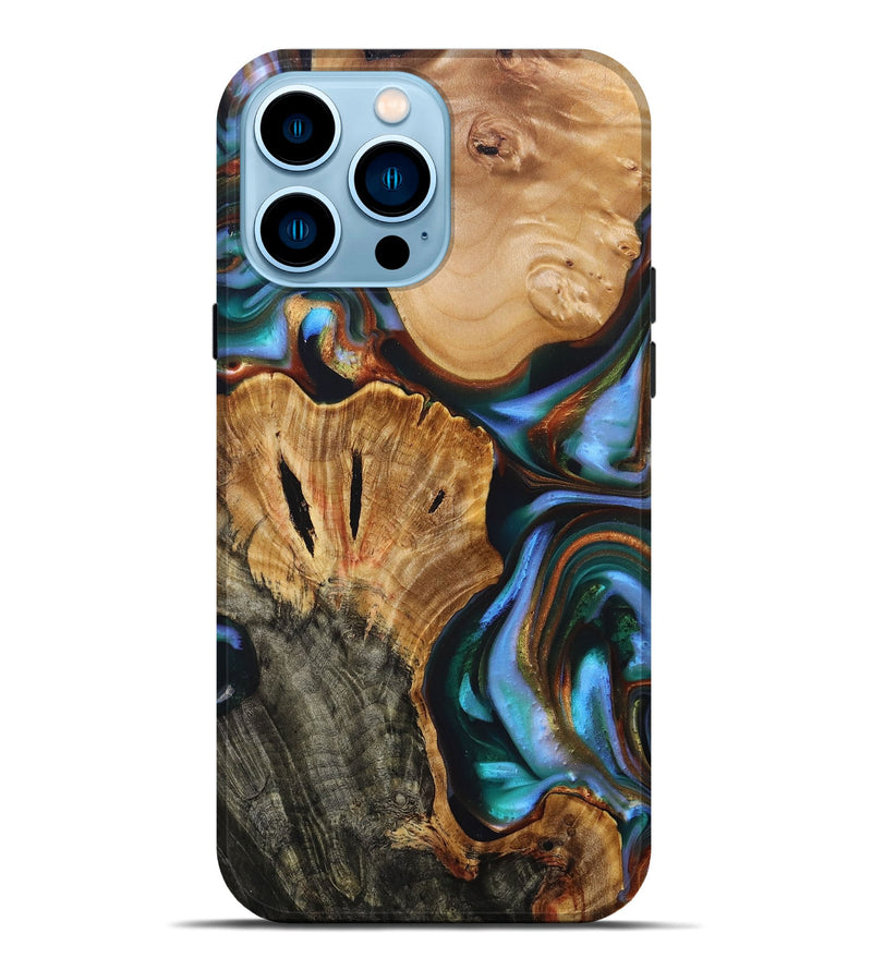 iPhone 14 Pro Max Wood+Resin Live Edge Phone Case - Madalyn (Teal & Gold, 695298)
