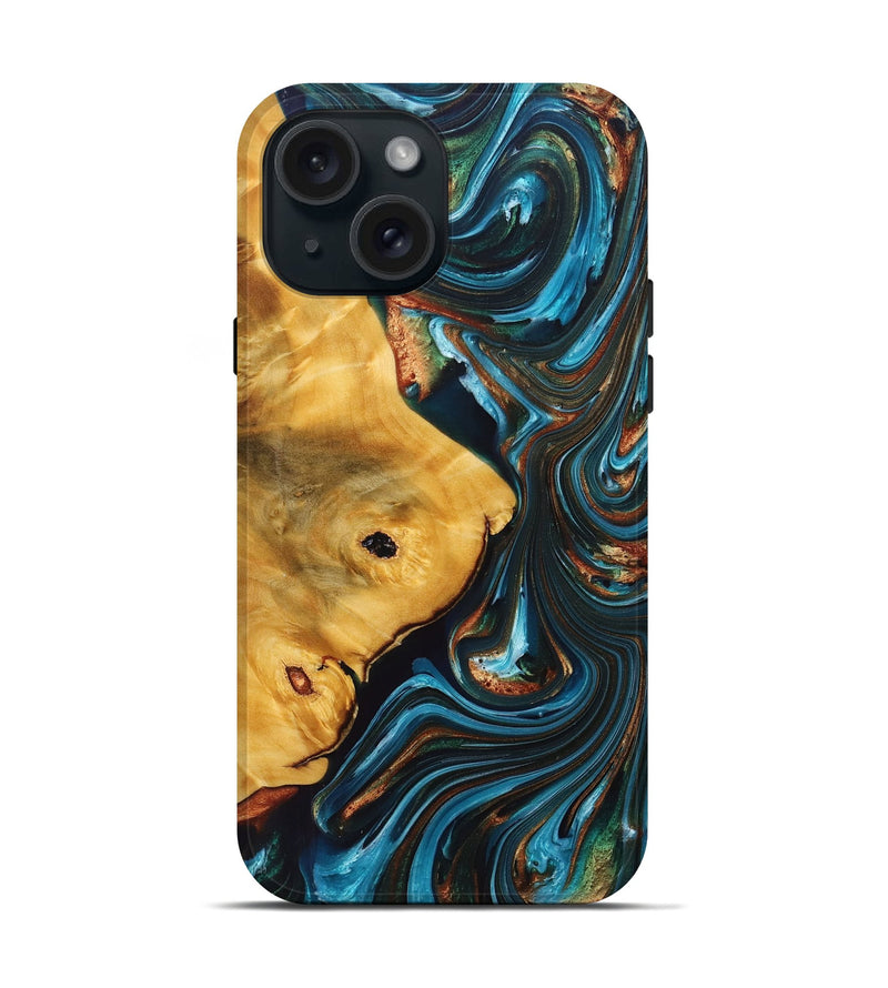 iPhone 15 Wood+Resin Live Edge Phone Case - Rodney (Teal & Gold, 695393)