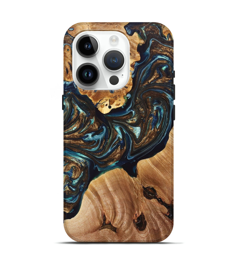 iPhone 15 Pro Wood+Resin Live Edge Phone Case - Willie (Teal & Gold, 695397)