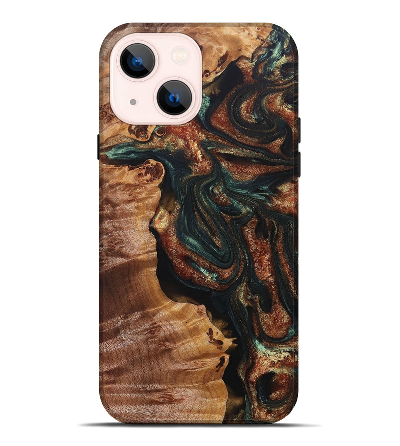 iPhone 14 Plus Wood+Resin Live Edge Phone Case - Shelia (Teal & Gold, 695478)