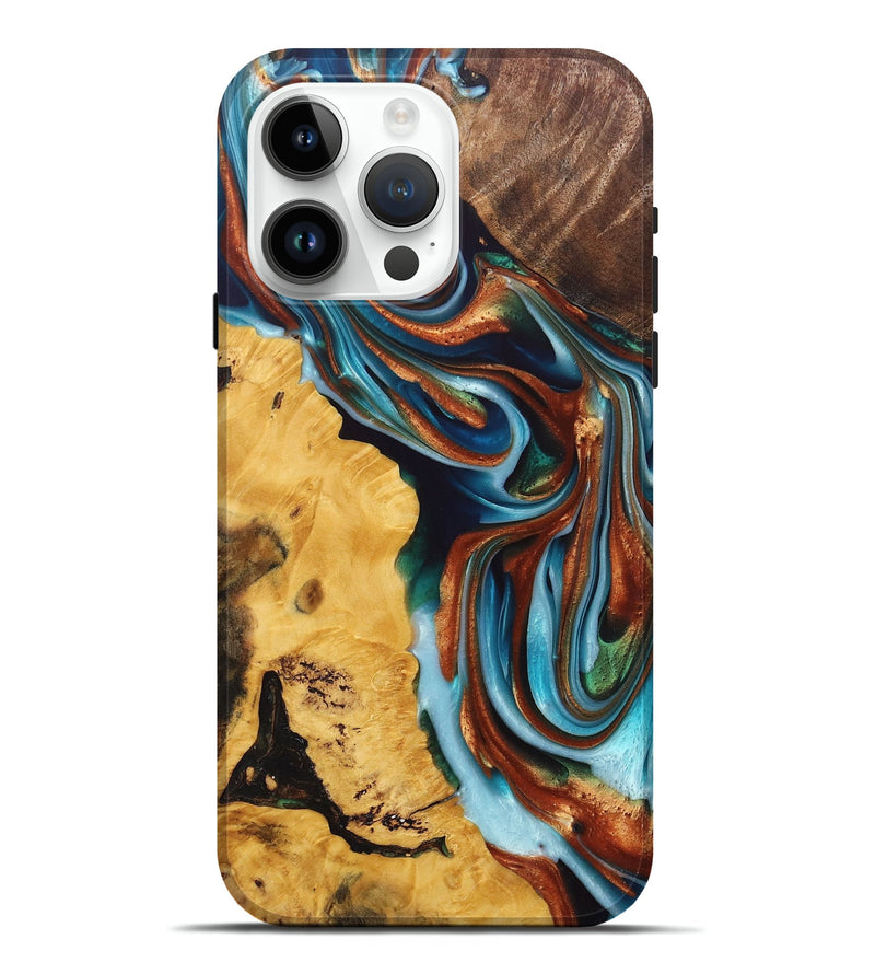 iPhone 15 Pro Max Wood+Resin Live Edge Phone Case - Tyrese (Teal & Gold, 695811)