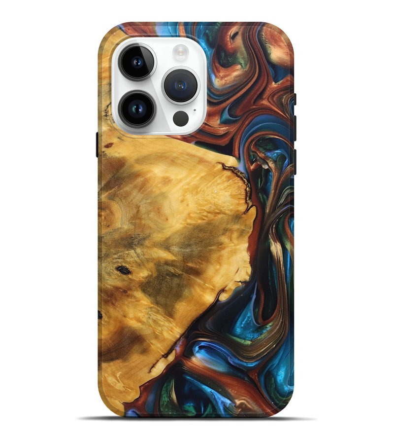 iPhone 15 Pro Max Wood+Resin Live Edge Phone Case - Latoya (Teal & Gold, 695812)