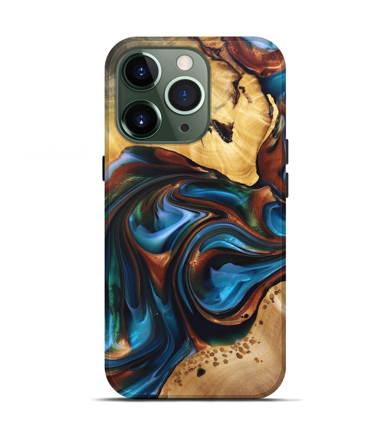 iPhone 13 Pro Wood+Resin Live Edge Phone Case - Malachi (Teal & Gold, 695813)