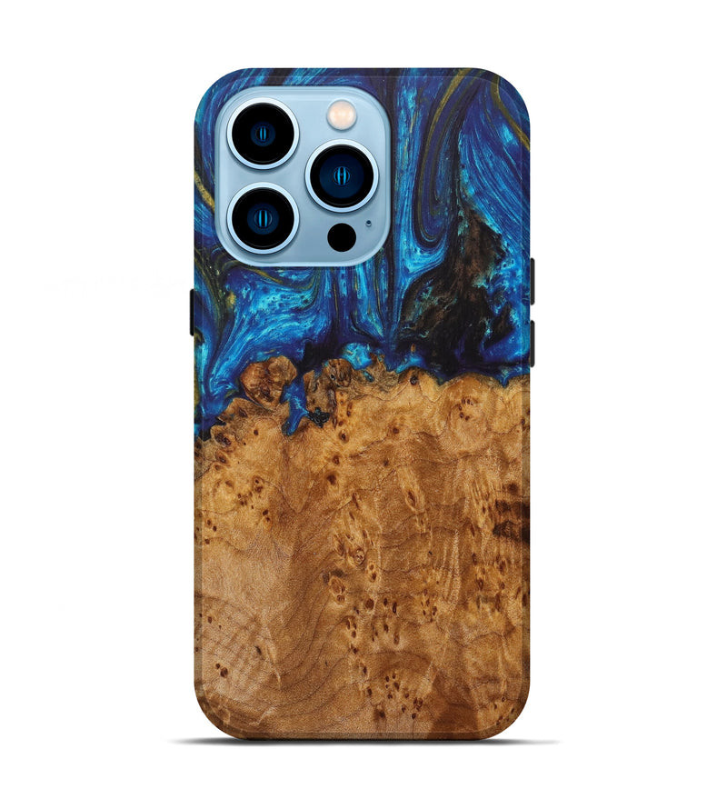 iPhone 14 Pro Wood+Resin Live Edge Phone Case - Bexley (Teal & Gold, 628653)