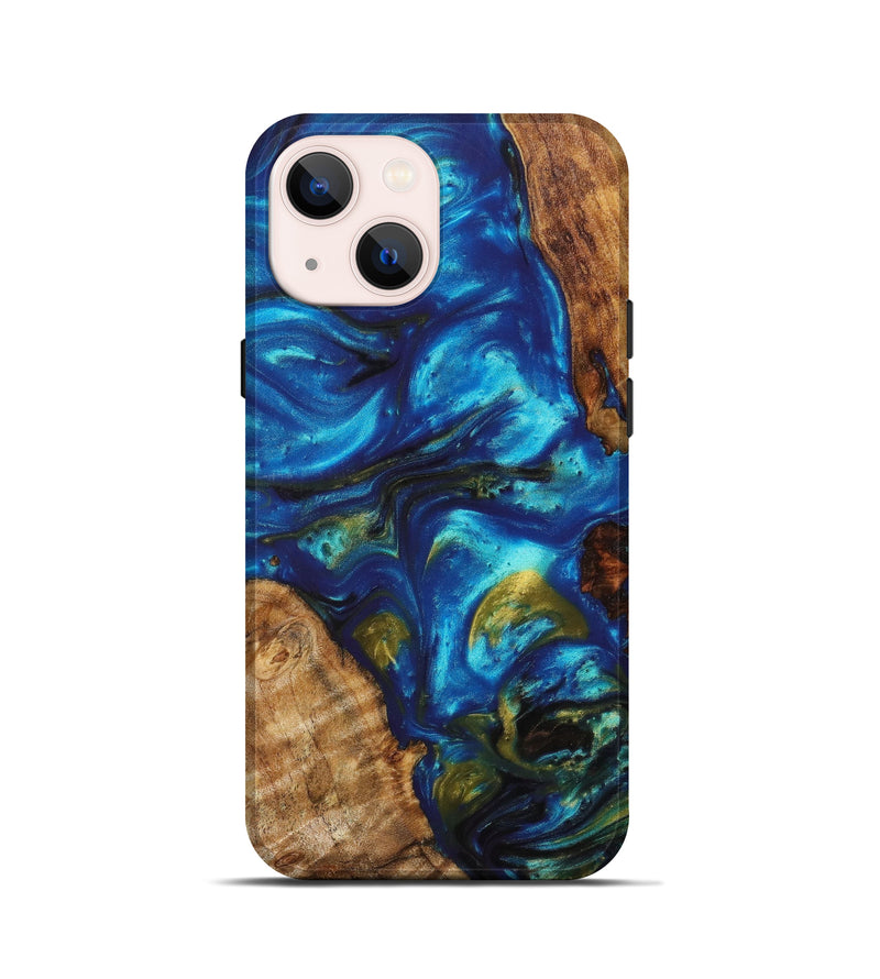 iPhone 13 mini Wood+Resin Live Edge Phone Case - Meaghan (Teal & Gold, 633050)