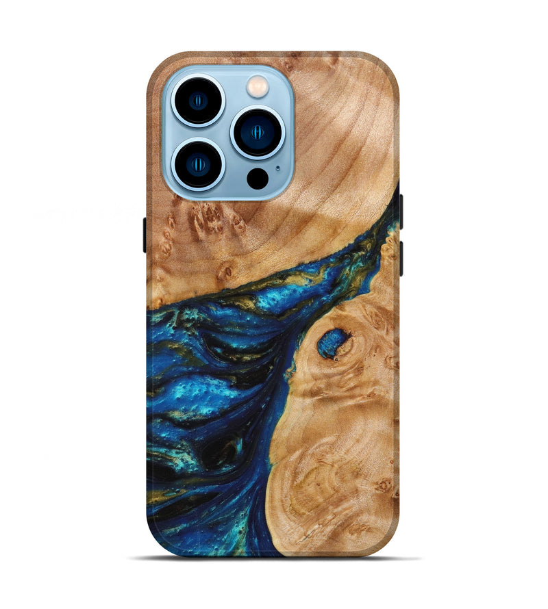 iPhone 14 Pro Wood+Resin Live Edge Phone Case - Bernice (Teal & Gold, 637720)