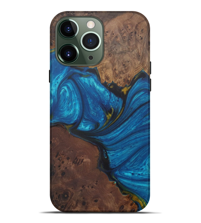 iPhone 13 Pro Max Wood+Resin Live Edge Phone Case - Imelda (Teal & Gold, 575500)