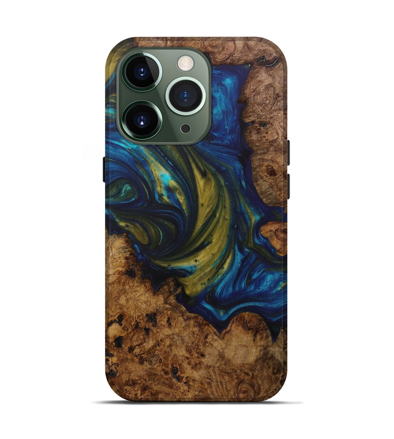 iPhone 13 Pro Wood+Resin Live Edge Phone Case - Cheryle (Teal & Gold, 619516)