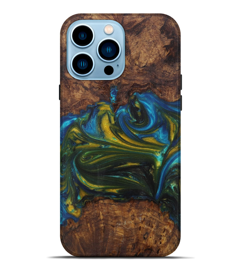 iPhone 14 Pro Max Wood+Resin Live Edge Phone Case - Leonanie (Teal & Gold, 594850)