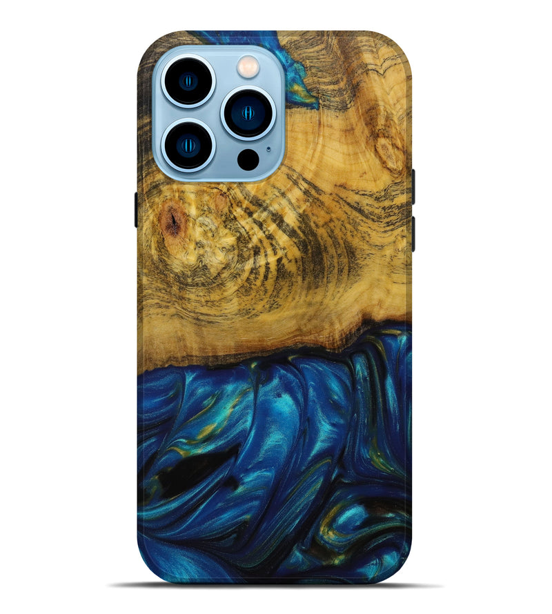 iPhone 14 Pro Max Wood+Resin Live Edge Phone Case - Gerard (Teal & Gold, 642686)