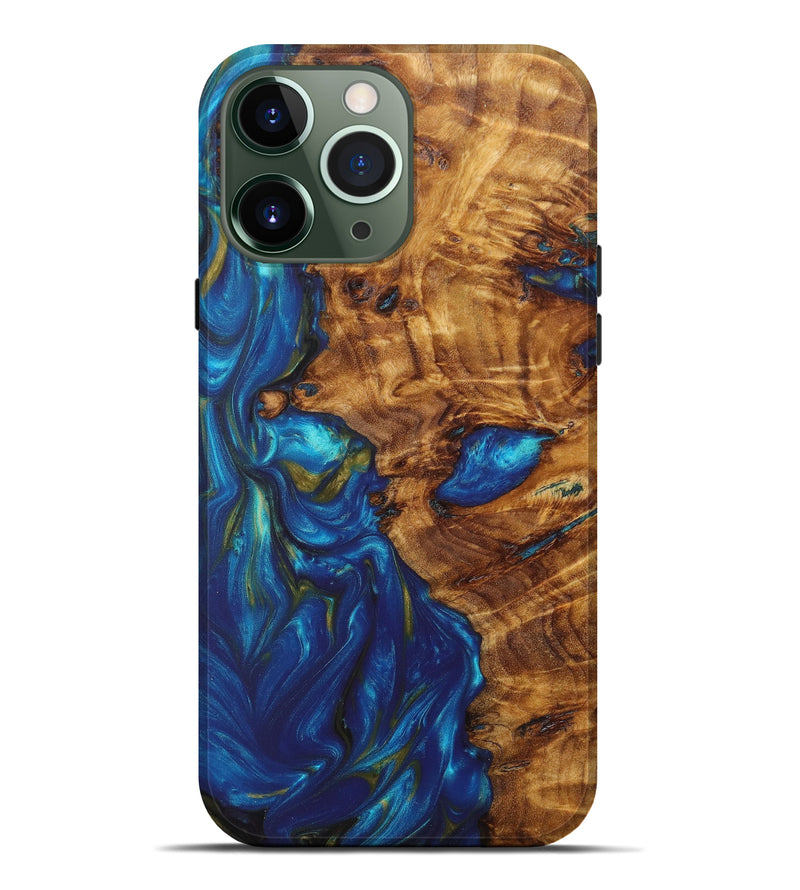 iPhone 13 Pro Max Wood+Resin Live Edge Phone Case - Marianne (Teal & Gold, 628684)