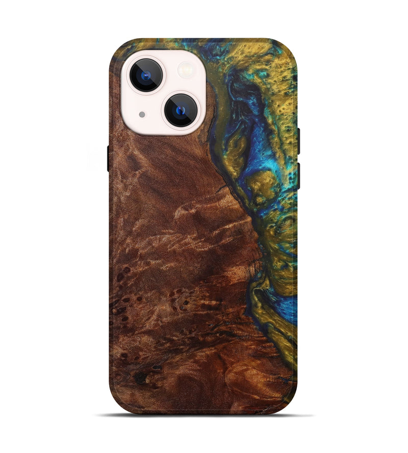 iPhone 13 Wood+Resin Live Edge Phone Case - Ivy (Teal & Gold, 610344)