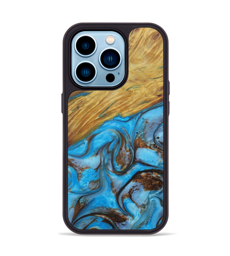 iPhone 14 Pro Wood+Resin Phone Case - Erv (Teal & Gold, 597436)