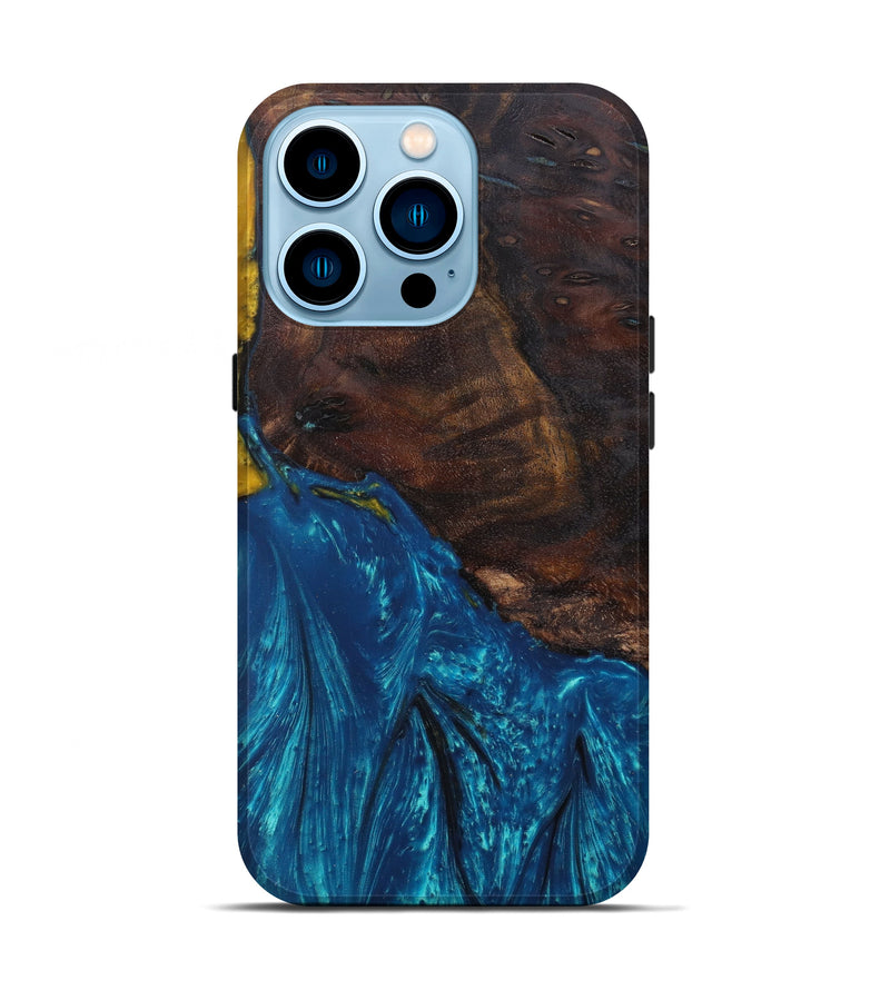 iPhone 14 Pro Wood+Resin Live Edge Phone Case - Lalit (Teal & Gold, 600521)