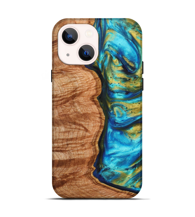 iPhone 13 Wood+Resin Live Edge Phone Case - Jacquelyn (Teal & Gold, 629356)