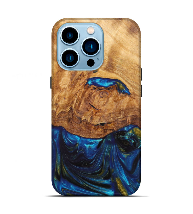 iPhone 14 Pro Wood+Resin Live Edge Phone Case - Shelly (Teal & Gold, 636193)