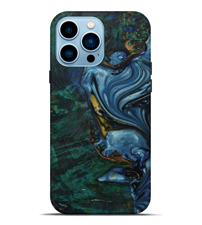iPhone 14 Pro Max Wood+Resin Live Edge Phone Case - Caiden (Teal & Gold, 643074)
