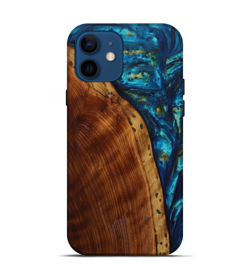 iPhone 12 Wood+Resin Live Edge Phone Case - Audra (Teal & Gold, 644306)