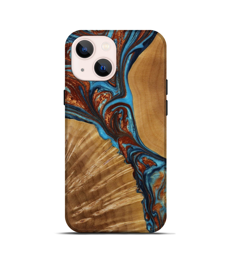 iPhone 13 mini Wood+Resin Live Edge Phone Case - Vicky (Teal & Gold, 647234)