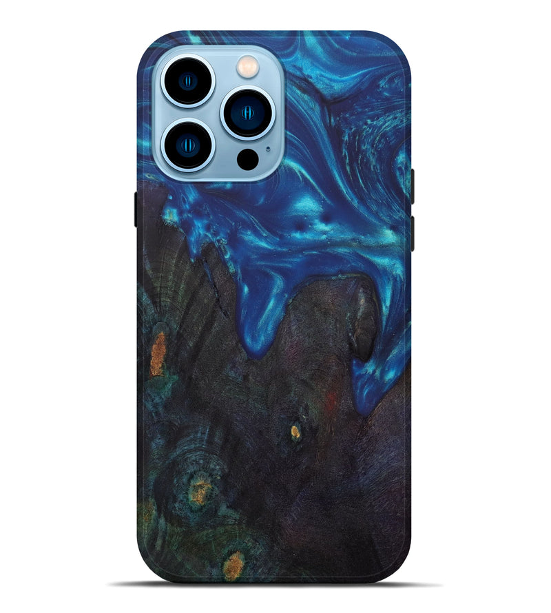 iPhone 14 Pro Max Wood+Resin Live Edge Phone Case - Cyrus (Teal & Gold, 641710)
