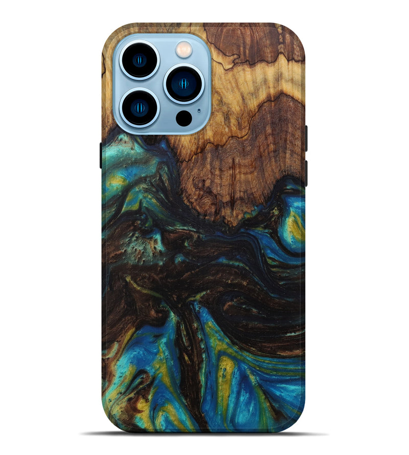 iPhone 14 Pro Max Wood+Resin Live Edge Phone Case - Anastasie (Teal & Gold, 586098)