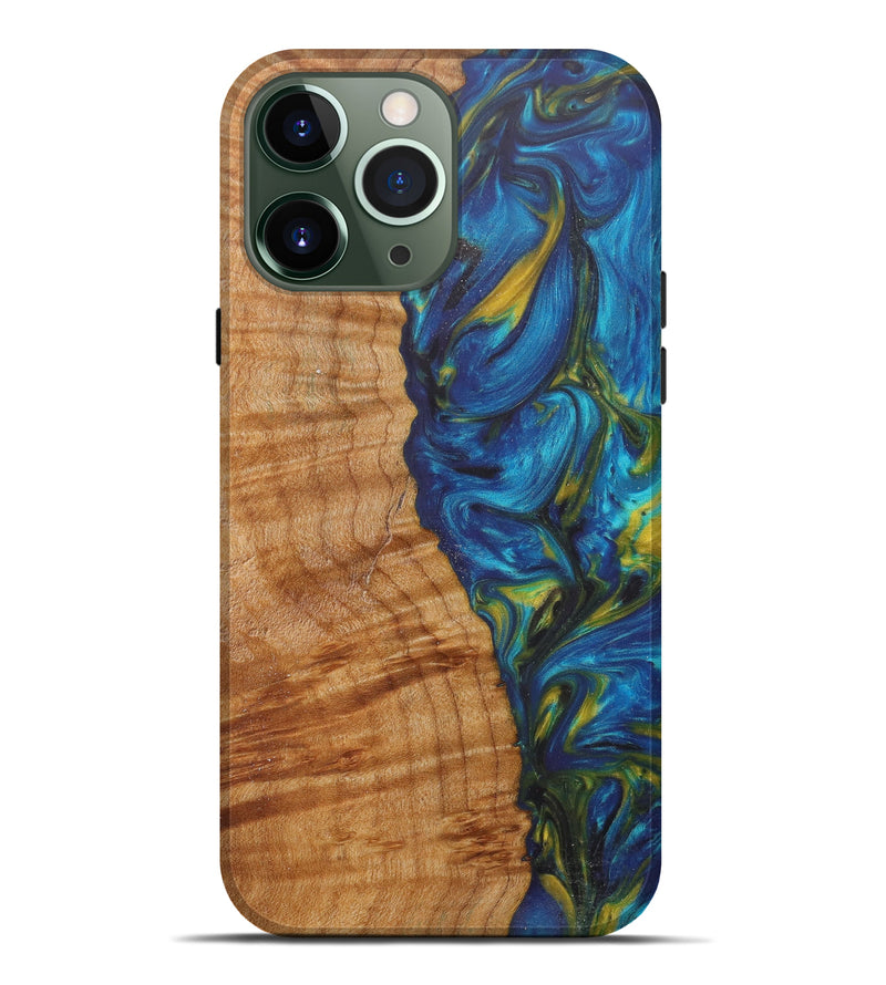 iPhone 13 Pro Max Wood+Resin Live Edge Phone Case - Brandie (Teal & Gold, 609959)
