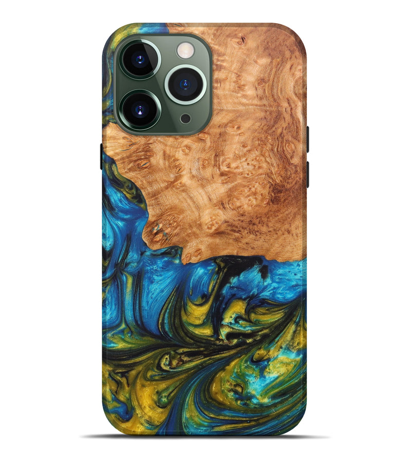 iPhone 13 Pro Max Wood+Resin Live Edge Phone Case - Ruchi (Teal & Gold, 606803)