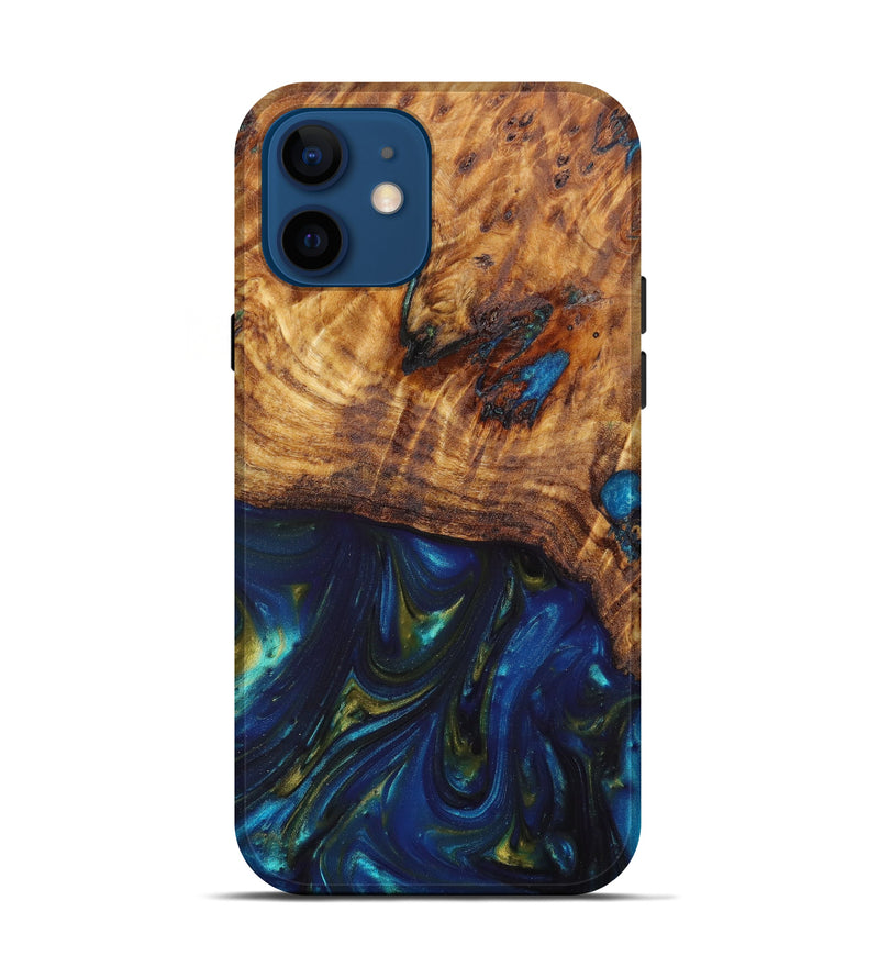 iPhone 12 Wood+Resin Live Edge Phone Case - Amanda (Teal & Gold, 641214)