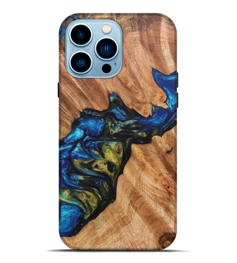 iPhone 14 Pro Max Wood+Resin Live Edge Phone Case - Mariet (Teal & Gold, 633278)