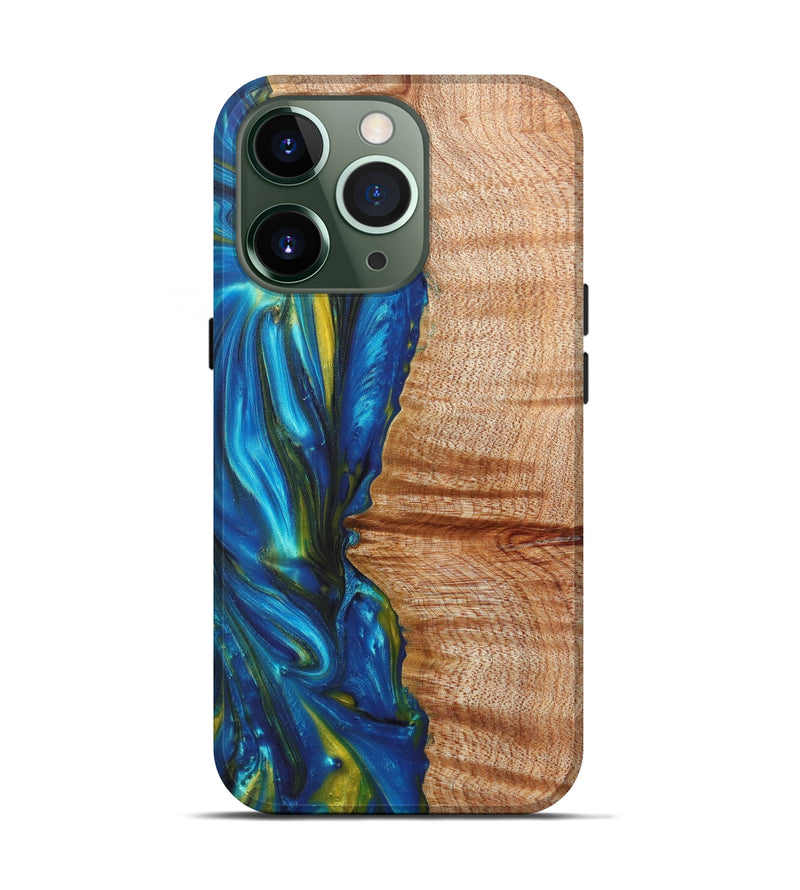 iPhone 13 Pro Wood+Resin Live Edge Phone Case - Khanh (Teal & Gold, 605602)