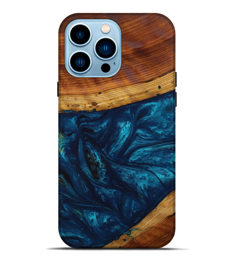 iPhone 14 Pro Max Wood+Resin Live Edge Phone Case - Drew (Teal & Gold, 644308)