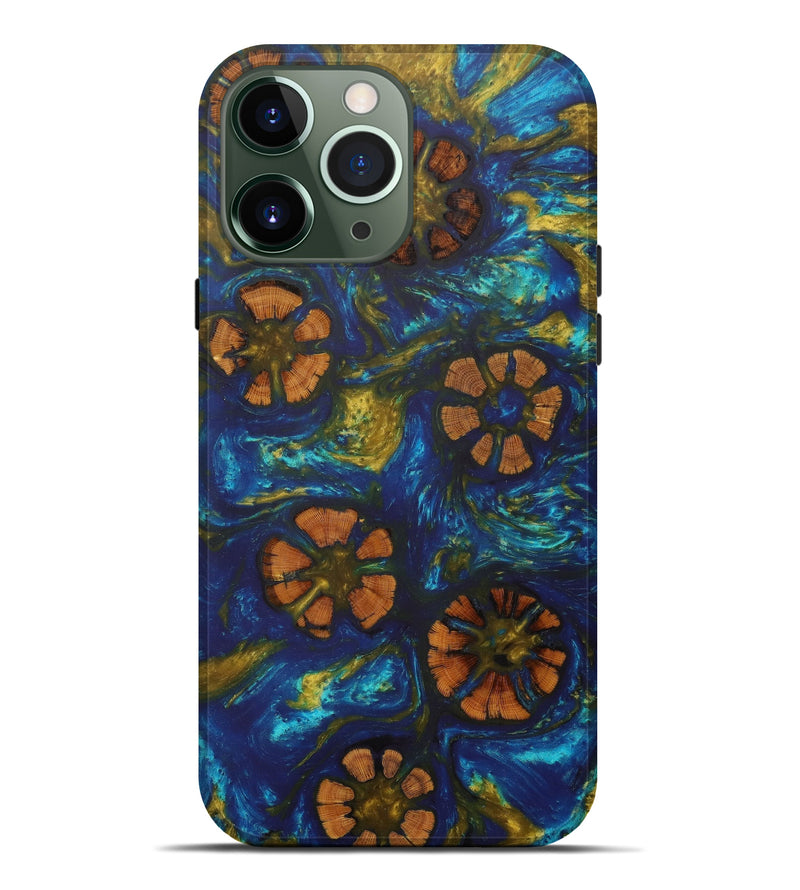 iPhone 13 Pro Max Wood+Resin Live Edge Phone Case - Kacie (Teal & Gold, 610333)