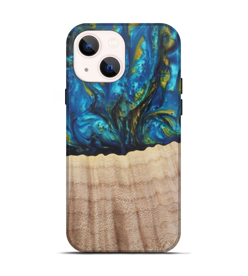 iPhone 13 Wood+Resin Live Edge Phone Case - Janene (Teal & Gold, 577465)