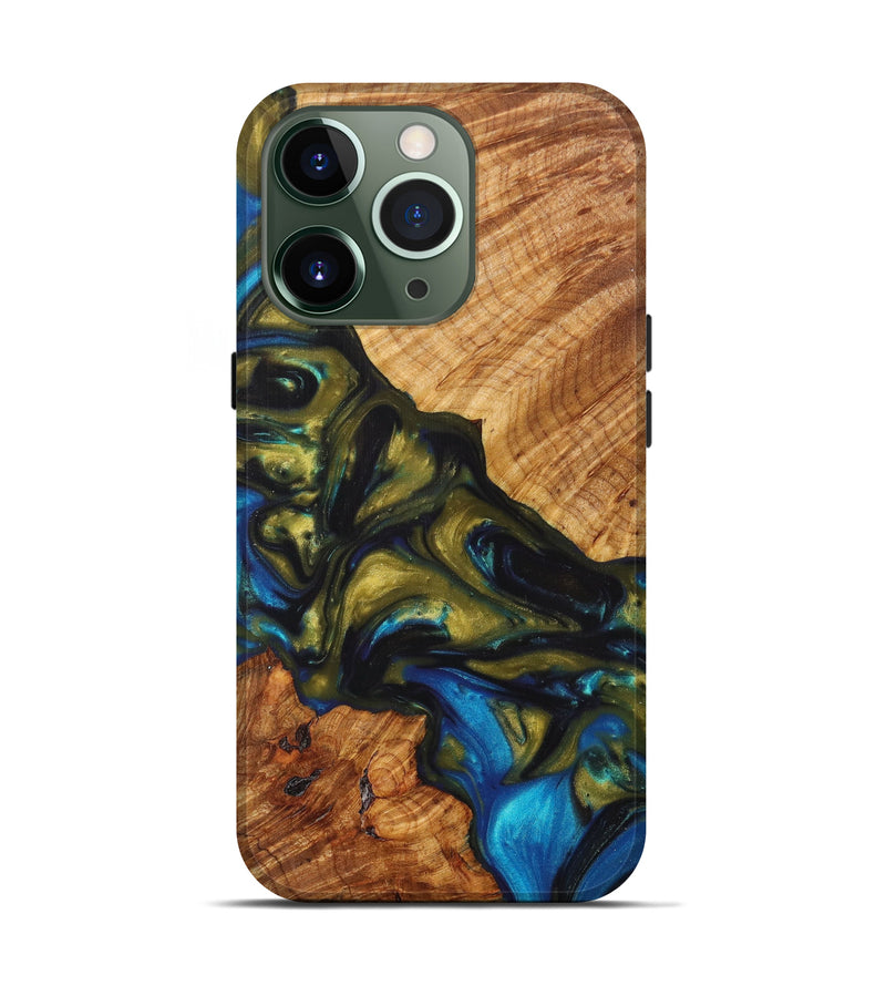 iPhone 13 Pro Wood+Resin Live Edge Phone Case - Lakelynn (Teal & Gold, 626631)