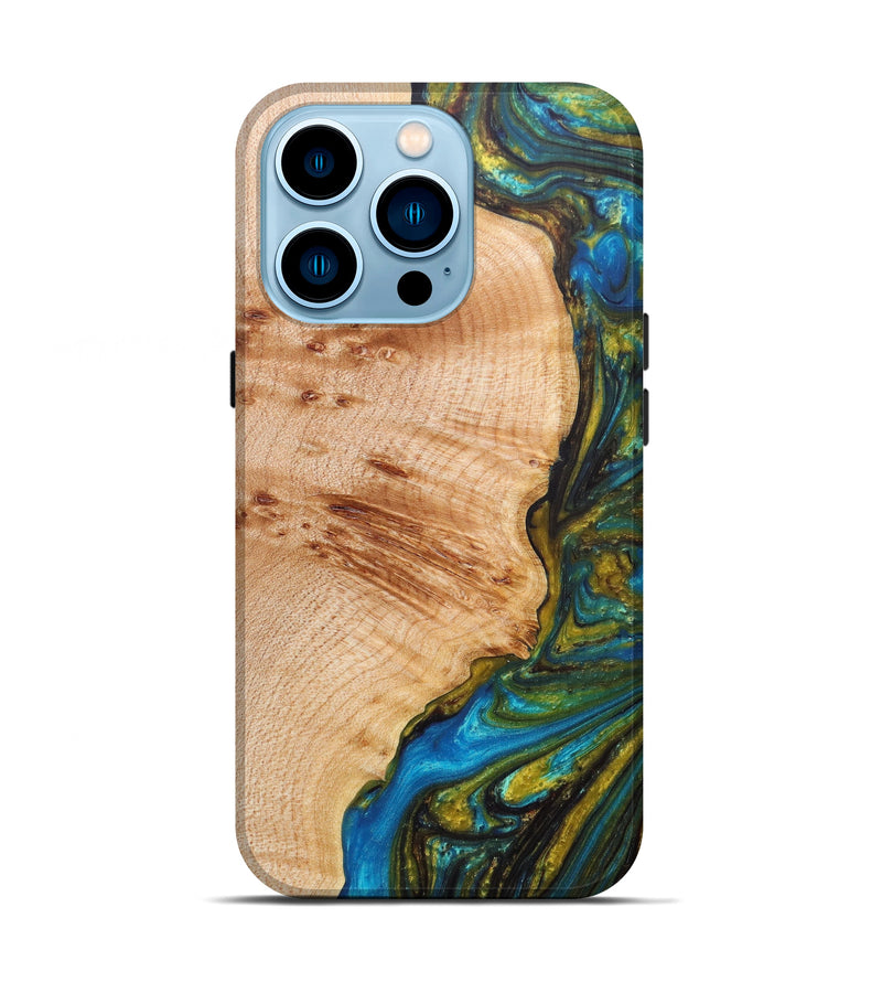iPhone 14 Pro Wood+Resin Live Edge Phone Case - Mitch (Teal & Gold, 605604)
