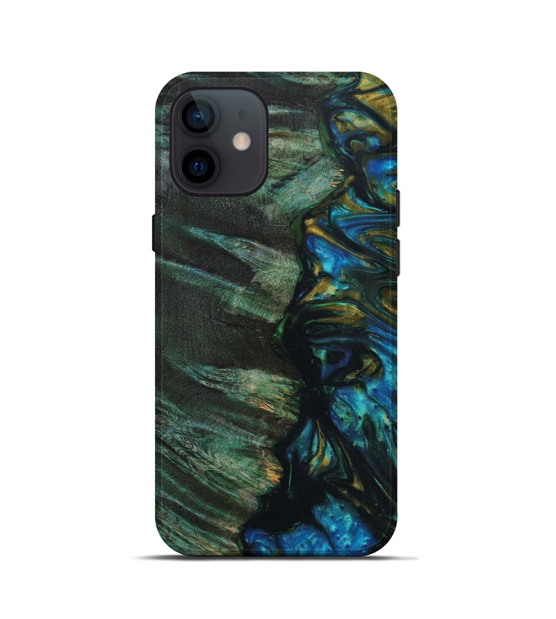 iPhone 12 mini Wood+Resin Live Edge Phone Case - Marylin (Teal & Gold, 633825)