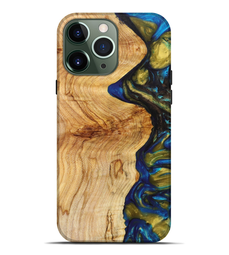 iPhone 13 Pro Max Wood+Resin Live Edge Phone Case - Vanessa (Teal & Gold, 629359)