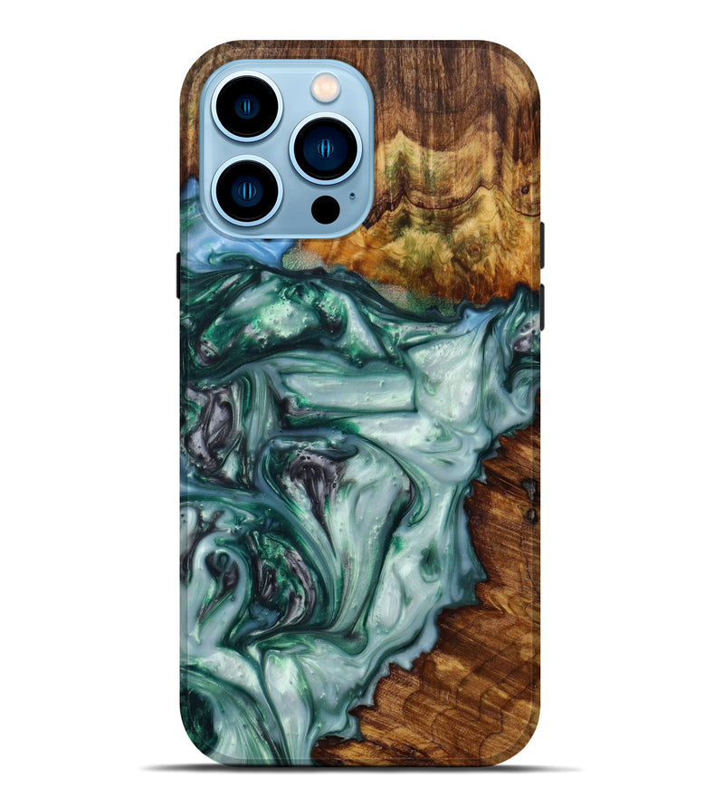 iPhone 14 Pro Max Wood+Resin Live Edge Phone Case - Anais (Dark Green, 610680)