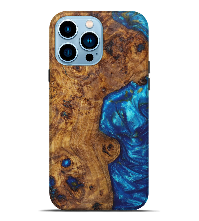 iPhone 14 Pro Max Wood+Resin Live Edge Phone Case - Wilda (Teal & Gold, 627715)