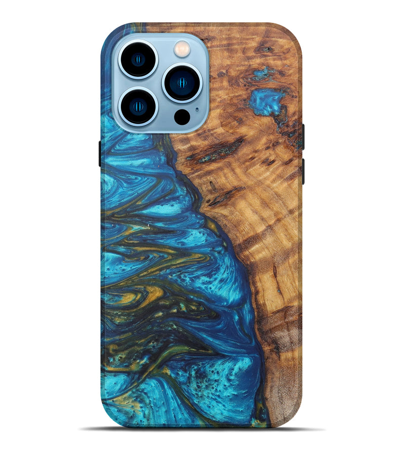 iPhone 14 Pro Max Wood+Resin Live Edge Phone Case - Lovina (Teal & Gold, 606863)