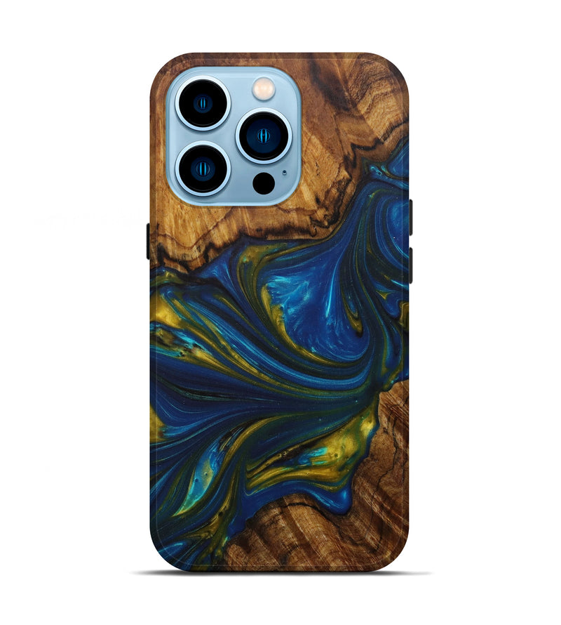 iPhone 14 Pro Wood+Resin Live Edge Phone Case - Fayth (Teal & Gold, 590675)