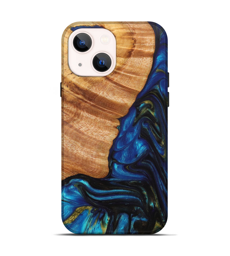 iPhone 14 Wood+Resin Live Edge Phone Case - Lesley (Teal & Gold, 636192)