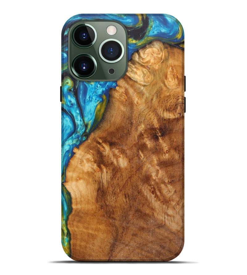 iPhone 13 Pro Max Wood+Resin Live Edge Phone Case - Danita (Teal & Gold, 605607)