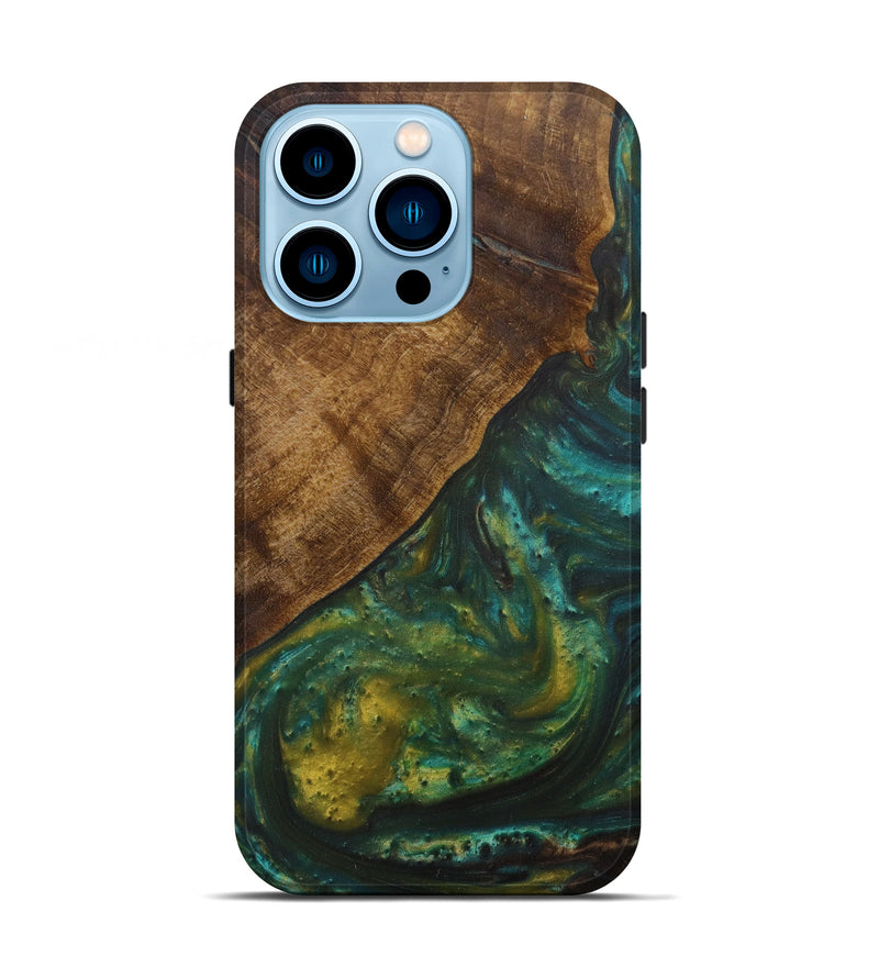 iPhone 14 Pro Wood+Resin Live Edge Phone Case - Poldi (Teal & Gold, 594822)