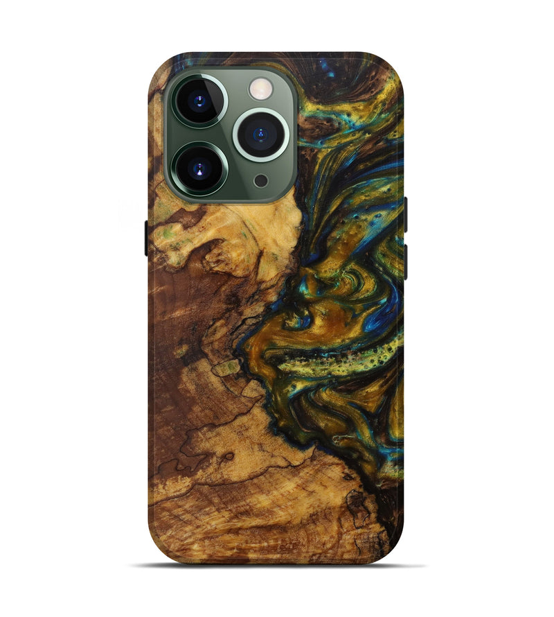 iPhone 13 Pro Wood+Resin Live Edge Phone Case - Franki (Teal & Gold, 584053)