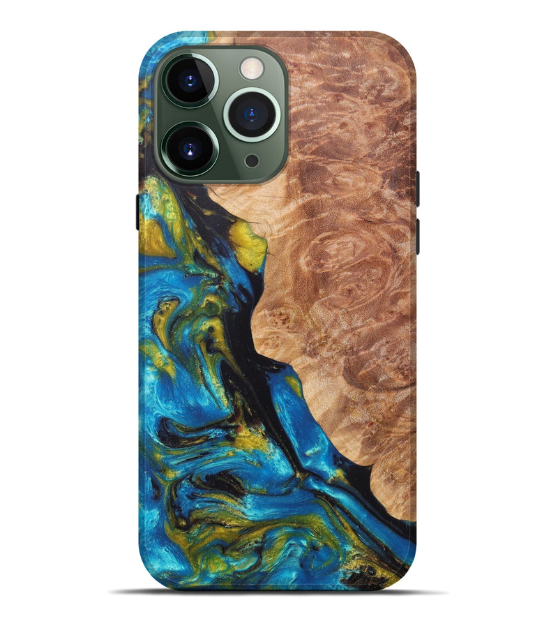 iPhone 13 Pro Max Wood+Resin Live Edge Phone Case - Marlies (Teal & Gold, 606801)