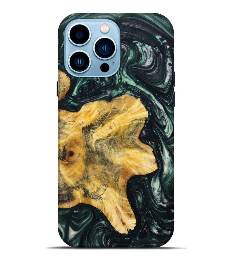 iPhone 14 Pro Max Wood+Resin Live Edge Phone Case - Emilee (Green, 633213)