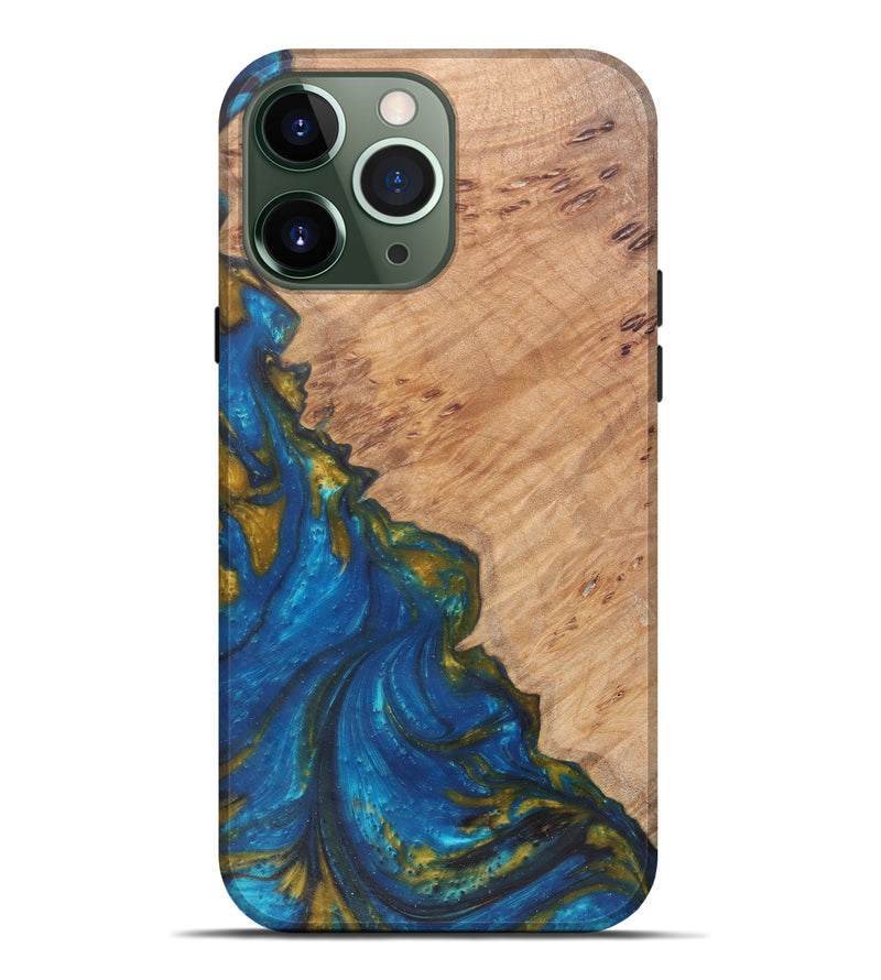 iPhone 13 Pro Max Wood+Resin Live Edge Phone Case - Verla (Teal & Gold, 590651)