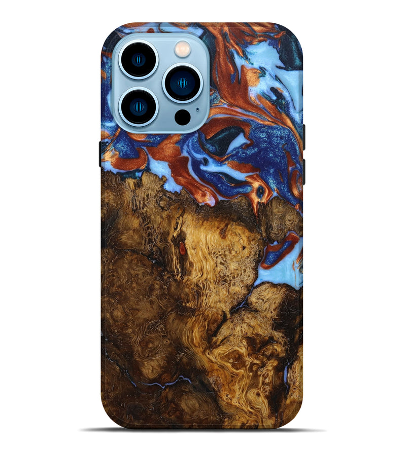 iPhone 14 Pro Max Wood+Resin Live Edge Phone Case - Dan (Teal & Gold, 644788)