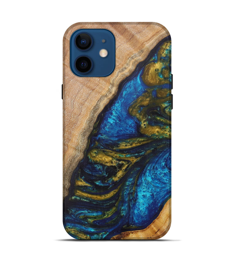 iPhone 12 Wood+Resin Live Edge Phone Case - Yara (Teal & Gold, 610364)